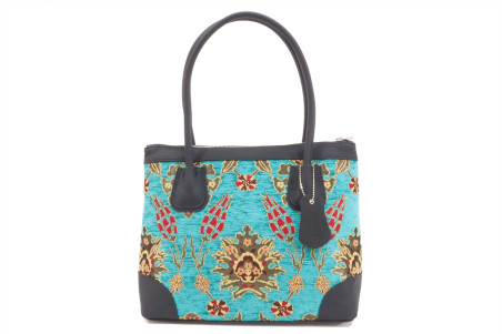 Fabric Woman Hand Bag, Turquoise Blue Topkapi Palace Tulip Pattern Fabric Bag, ID KCYC86, Lamb Leather Bag, Genuine Leather Bag