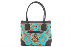 Fabric Woman Hand Bag, Turquoise Blue Topkapi Palace Tulip Pattern Fabric Bag, ID KCYC86, Lamb Leather Bag, Genuine Leather Bag