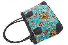 Fabric Woman Hand Bag, Turquoise Blue Topkapi Palace Tulip Pattern Fabric Bag, ID KCYC86, Lamb Leather Bag, Genuine Leather Bag