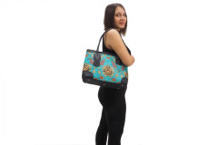 Fabric Woman Hand Bag, Turquoise Blue Topkapi Palace Tulip Pattern Fabric Bag, ID KCYC86, Lamb Leather Bag, Genuine Leather Bag