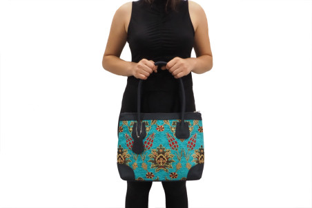 Fabric Woman Hand Bag, Turquoise Blue Topkapi Palace Tulip Pattern Fabric Bag, ID KCYC86, Lamb Leather Bag, Genuine Leather Bag