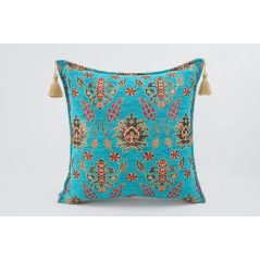 Fabric Pillow, Fabric Pillow 20x20, Turquoise Blue Topkapi Palace Tulip Pattern Turkish Jacquard Fabric Pillow, Chenille Pillow