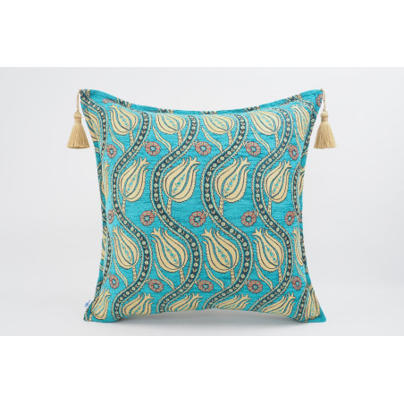 Fabric Pillow, Fabric Pillow 20x20, Turquoise Blue Water Line Tulip Pattern Turkish Jacquard Fabric Pillow, Accent Lumber Pillow