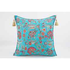 Fabric Pillow, Fabric Pillow 20x20, Turquoise Blue Caucasus Carnation Pattern Turkish Fabric Pillow, Decorative Bohemian Pillow