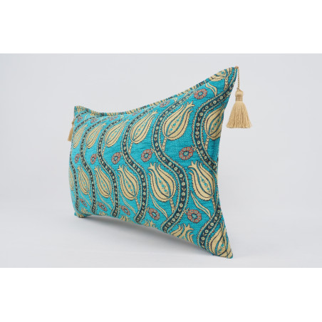 Fabric Pillow,Fabric Pillow 16x24,Turquoise Blue Water Line Tulip Pattern Turkish Jacquard Fabric Pillow,Chenille Fabric Pillow