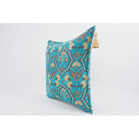Fabric Pillow,Fabric Pillow 24x24,Turquoise Blue Carnation Pattern Turkish Jacquard Fabric Pillow,Decorative Throw Lumbar Pillow